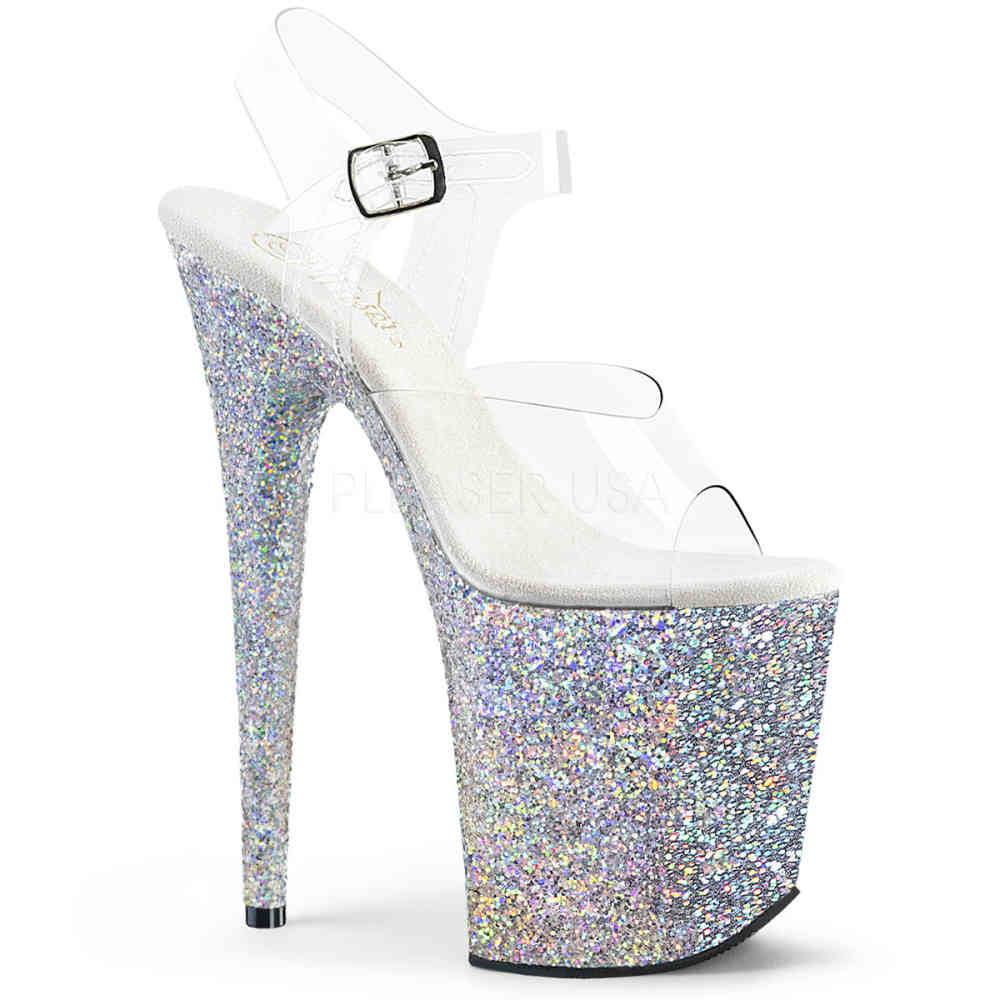 Pleaser - FLAMINGO808LG Sandale à bride à la cheville, Pole dance chaussures - Chaussures de pole dance - Couleur argent/Transparent Product image